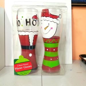 NWOT! 2 Hand Painted Pilsner Glasses Holiday Decor